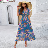 Women's Spring And Summer Chic Print Short Sleeve Slim Waist Dress