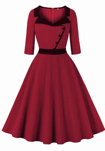 Spring Ol Professional Chic Turndown Collar Patchwork Three-Quarter Sleeve Slim Waist A-Line Dress