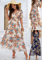 Women's Spring And Summer Chic Print Short Sleeve Slim Waist Dress