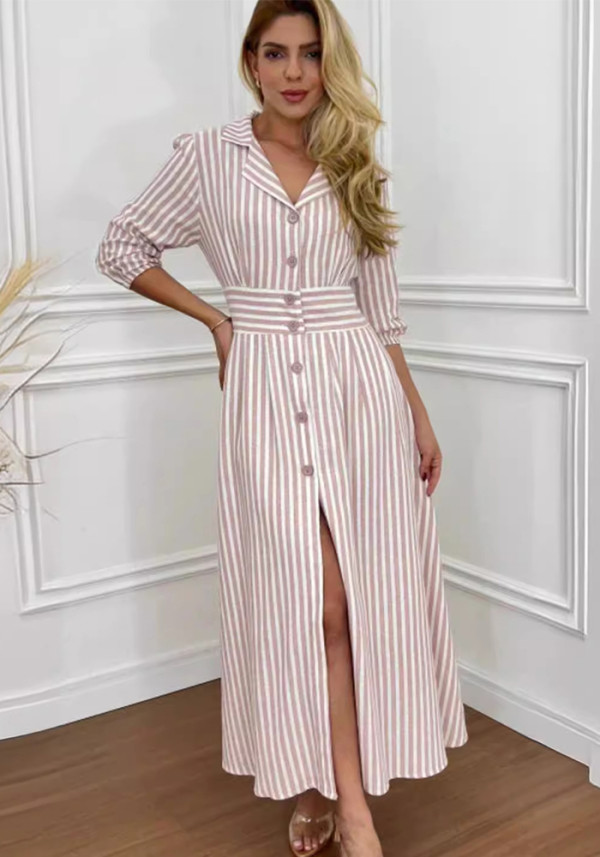 Summer Fashion Stripe Print Elegant Chic Shirt Dress