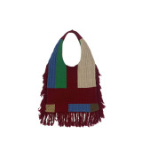 Fringed Women Patchwork Knitting Handbag Single Shoulder Bag Retro Knitting Bag