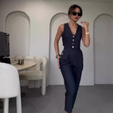 Summer Solid Color Buckle Design Chic Women Vest Trousers Casual Two-Piece Set