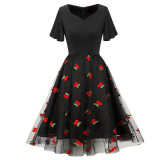 Summer Wear Embroidered Mesh Patchwork Midi A-Line Dress Women's Clothing