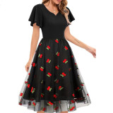 Summer Wear Embroidered Mesh Patchwork Midi A-Line Dress Women's Clothing