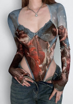 Spring Summer Butterfly Print Mesh High Waist Long Sleeve Slim Bodysuit High Street Top