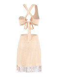 Summer Two Pieces Skirt Set Sexy Irregular Crop Vest Open Waist Mini Tassel Skirt For Women