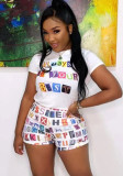 Women Letter Graffiti Print Top and Shorts Two-piece Set