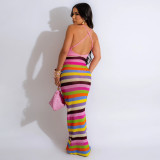 Women Sexy Backless Suspender Print Maxi Dress
