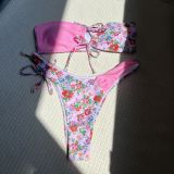 Women Floral Colorblock Tie Strapless Sexy Swimwear