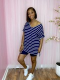 Women Printed Stripe Top and Shorts Two-piece Set