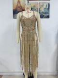 Women Summer Sexy Strap Beach Cover-up Solid Knitting Dress