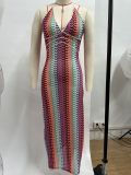 Women Contrast Lace V-Neck Strap Backless Beach Maxi Dress