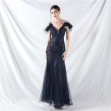 Strap Off Shoulder Long Sequins Elegant Formal Party Evening Dress