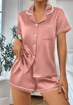 Summer Casual Pajamas Women Simulation Silk Soft Double Short Turndown Collar Shirt Shorts Set Girls Home Clothes