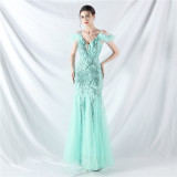 Strap Off Shoulder Long Sequins Elegant Formal Party Evening Dress