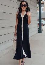 V-Neck Sleeveless Single-Breasted Knitting Contrast Color Sexy Summer Dress