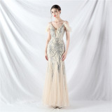 Strap Off Shoulder Long Sequins Elegant Formal Party Evening Dress