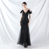 Strap Off Shoulder Long Sequins Elegant Formal Party Evening Dress