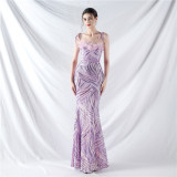 Elegant Feather Strapless Lace-Up Strap Sequin Evening Dress