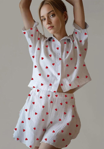 Spring Pajamas Women Double Crepe Cotton Heart Print Turndown Collar Half-Sleeve Shirt Slit Shorts Home Clothes