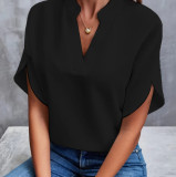 Summer V-Neck Shirt Women Solid Color Casual Short-Sleeved Pullover Blouse