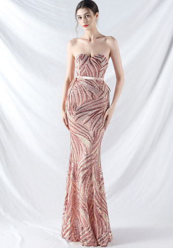 Elegant Strapless Lace-Up Strap Sequin Evening Dress
