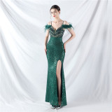 Strap Off Shoulder Long Sequins Formal Party Evening Dress