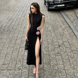 Summer Sexy Chic Hollow Flower Decoration Slit Long Dress For Women