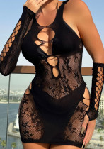 Strap Hollow Mesh Ladies Sexy Dress With Sleeves