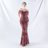 Off Shoulder Tassels Fishbone Slim Waist Lace-Up Sequin Evening Dress