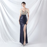 Strap Off Shoulder Long Sequins Formal Party Evening Dress