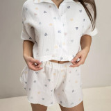 Spring Pajamas Women Double Crepe Cotton Heart Print Turndown Collar Half-Sleeve Shirt Slit Shorts Home Clothes