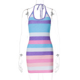 Women's Summer Striped Print Sexy Halter Neck Low Back Dress