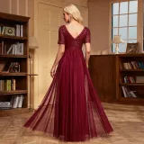 Women's Elegant Short Sleeve Sequin Patchwork V-Neck A-Line Evening Gown