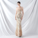 Elegant Feather Strapless Lace-Up Strap Sequin Evening Dress