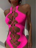 Cross Lace-Up Low Back One-Piece Swimsuit For Women Halter Neck Sexy Hollow Solid Color One-Piece Swimwear