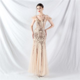 Strap Off Shoulder Long Sequins Elegant Formal Party Evening Dress