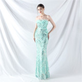 Elegant Feather Strapless Lace-Up Strap Sequin Evening Dress