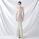 Elegant Feather Strapless Lace-Up Strap Sequin Evening Dress