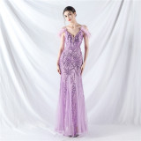 Strap Off Shoulder Long Sequins Elegant Formal Party Evening Dress