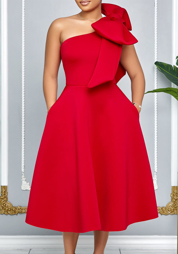 Plus Size Women's Summer Fashion Slash Shoulder Bow Formal Party Dress Large Swing African Dress