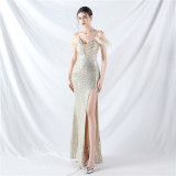 Strap Off Shoulder Long Sequins Formal Party Evening Dress