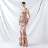 Elegant Strapless Lace-Up Strap Sequin Evening Dress