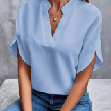 Summer V-Neck Shirt Women Solid Color Casual Short-Sleeved Pullover Blouse