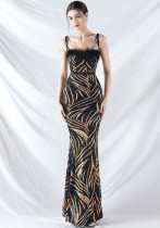 Elegant Feather Strapless Lace-Up Strap Sequin Evening Dress