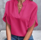 Summer V-Neck Shirt Women Solid Color Casual Short-Sleeved Pullover Blouse