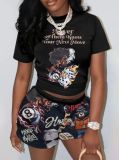 Fashion Casual Trendy Printed Short-Sleeved Two Piece Shorts Set