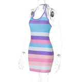 Women's Summer Striped Print Sexy Halter Neck Low Back Dress