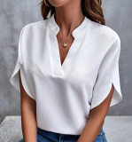 Summer V-Neck Shirt Women Solid Color Casual Short-Sleeved Pullover Blouse