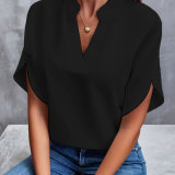 Summer V-Neck Shirt Women Solid Color Casual Short-Sleeved Pullover Blouse